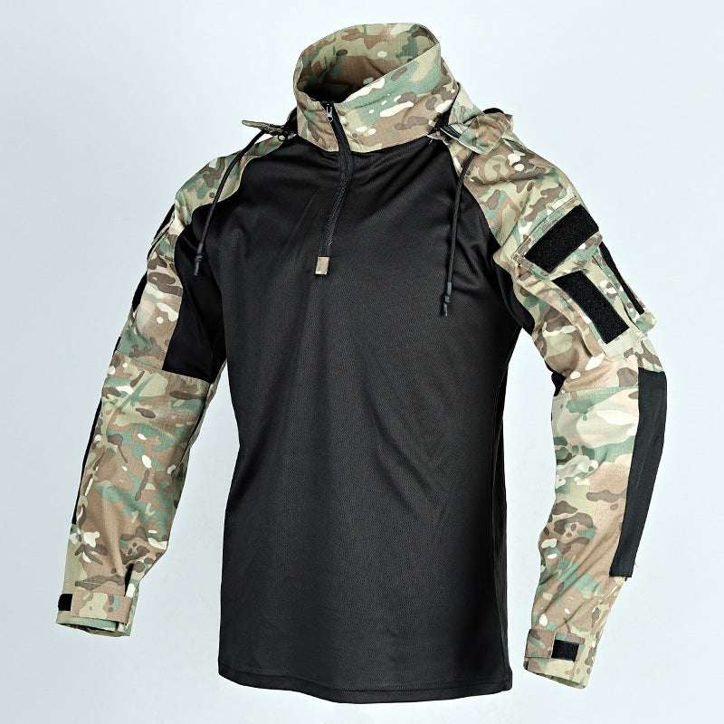 Black hoodie with camouflage sleeves on a light gray background