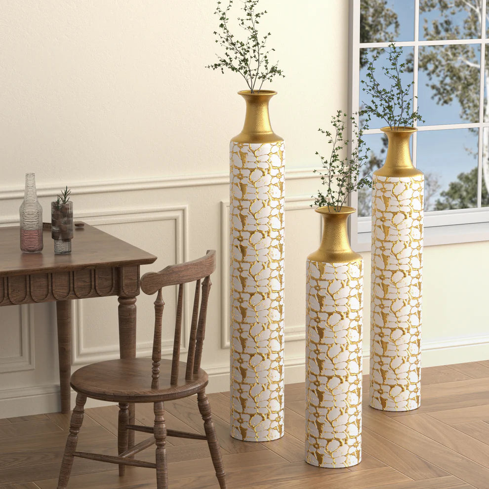 Floor standing golden large vase -32/28/24 inches decorative high vase set of 3 vintage antique worn-out vases - Ectron Online