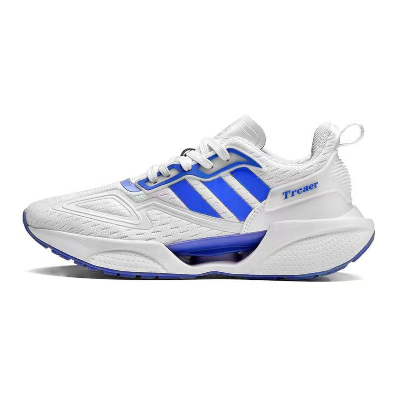 A pair of men's sneakers with a mesh upper featuring stripes in white, gray, and black colors, and a rubber sole.