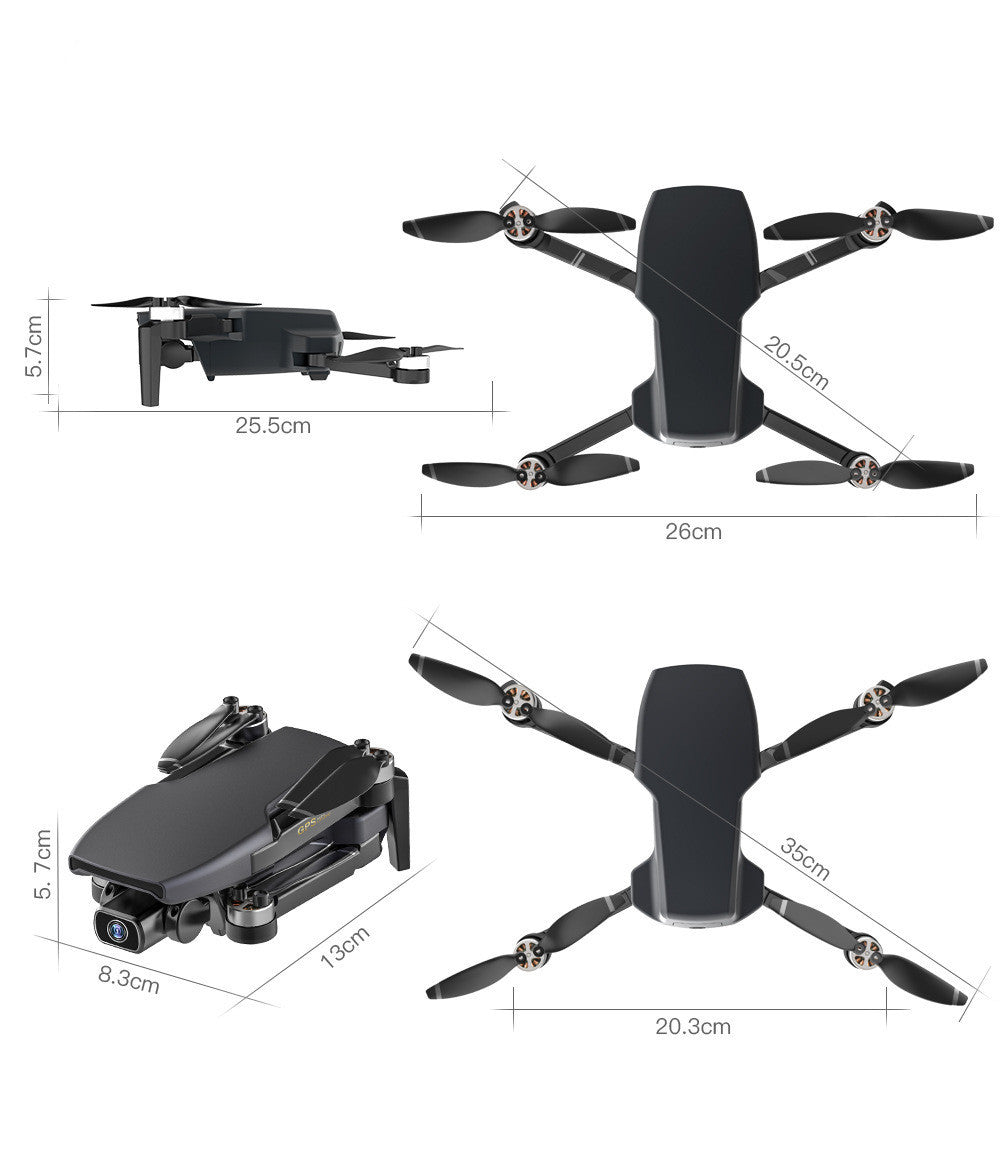 Black drone with dimensions labeled on a white background