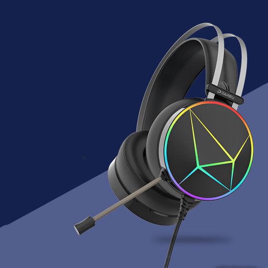 Black gaming headset with rainbow logo on a blue gradient background