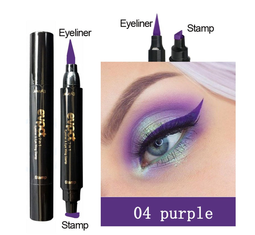 Eyeliner with stamp and purple eye makeup on a white background