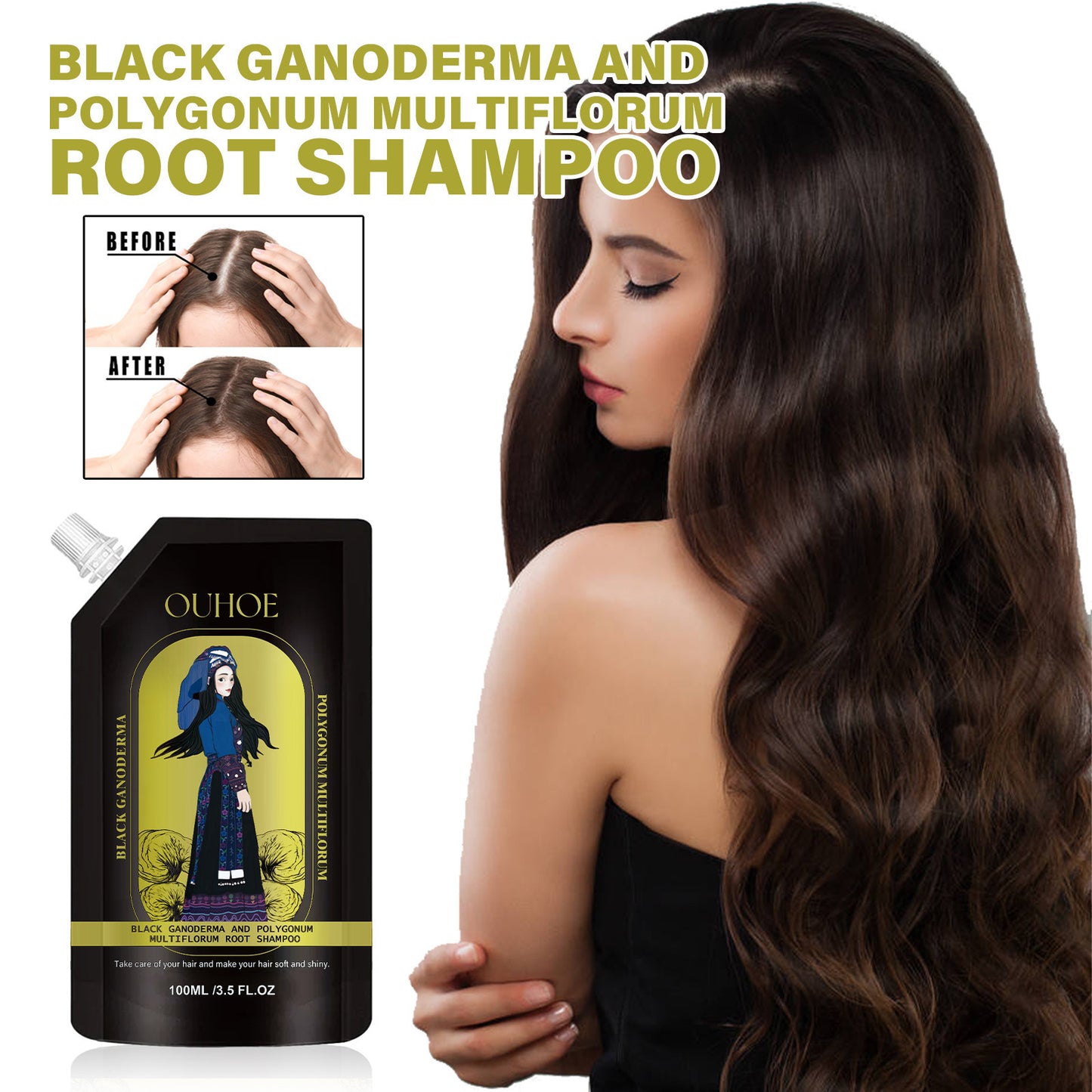 Shampoo product with a woman with long hair and before-and-after comparison.