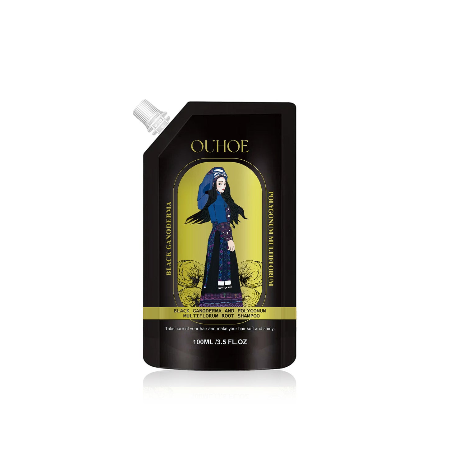 OUHOE shampoo pouch with black and yellow design on a white background