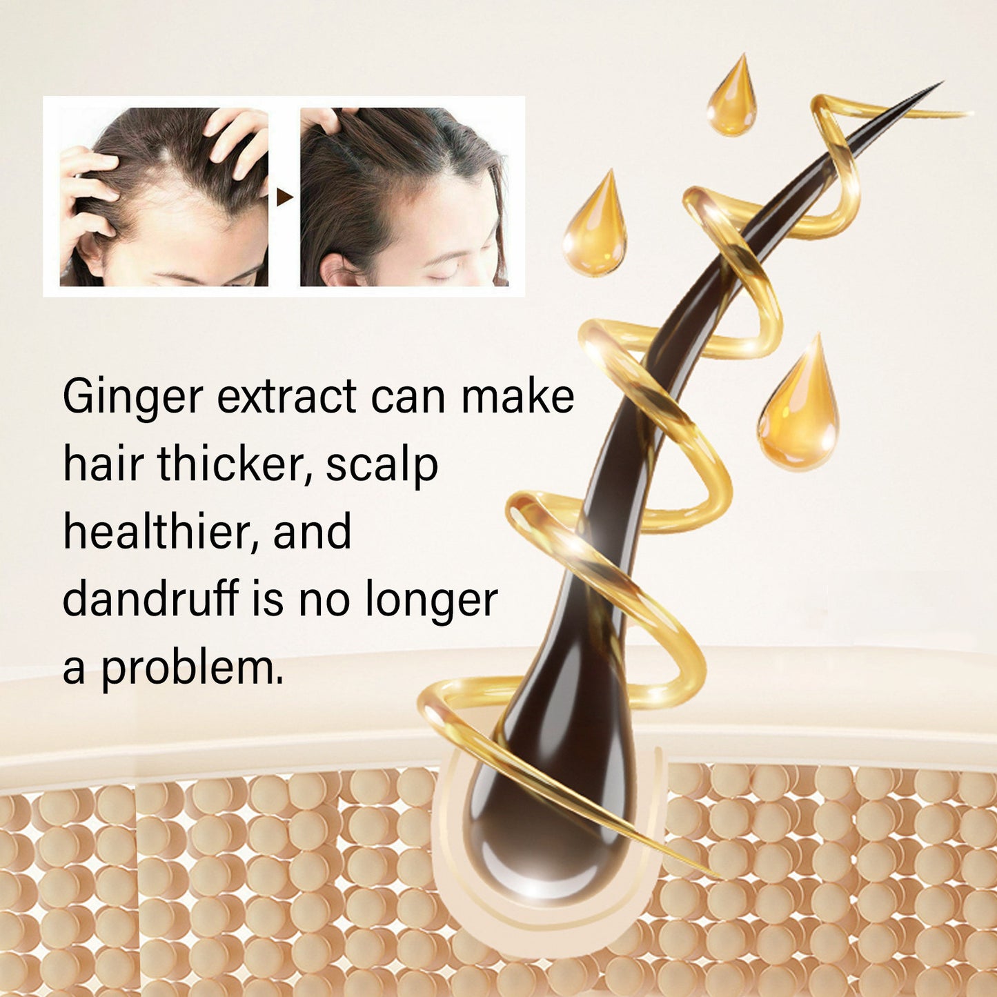 Ginger extract hair growth product with text on a beige background