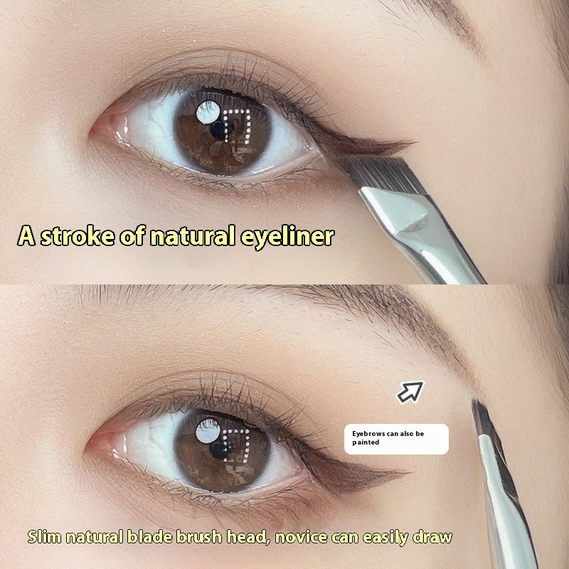 Eyeliner application process with a brush on a close-up of an eye.