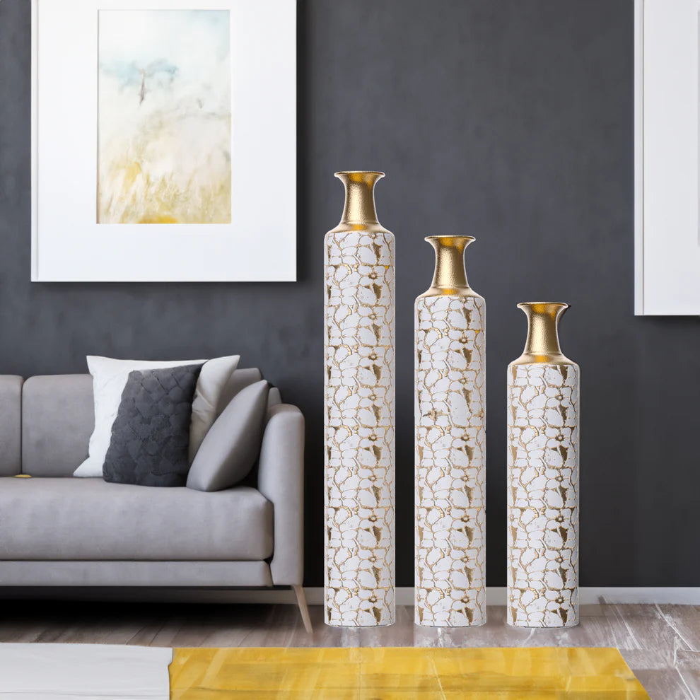 Floor standing golden large vase -32/28/24 inches decorative high vase set of 3 vintage antique worn-out vases - Ectron Online