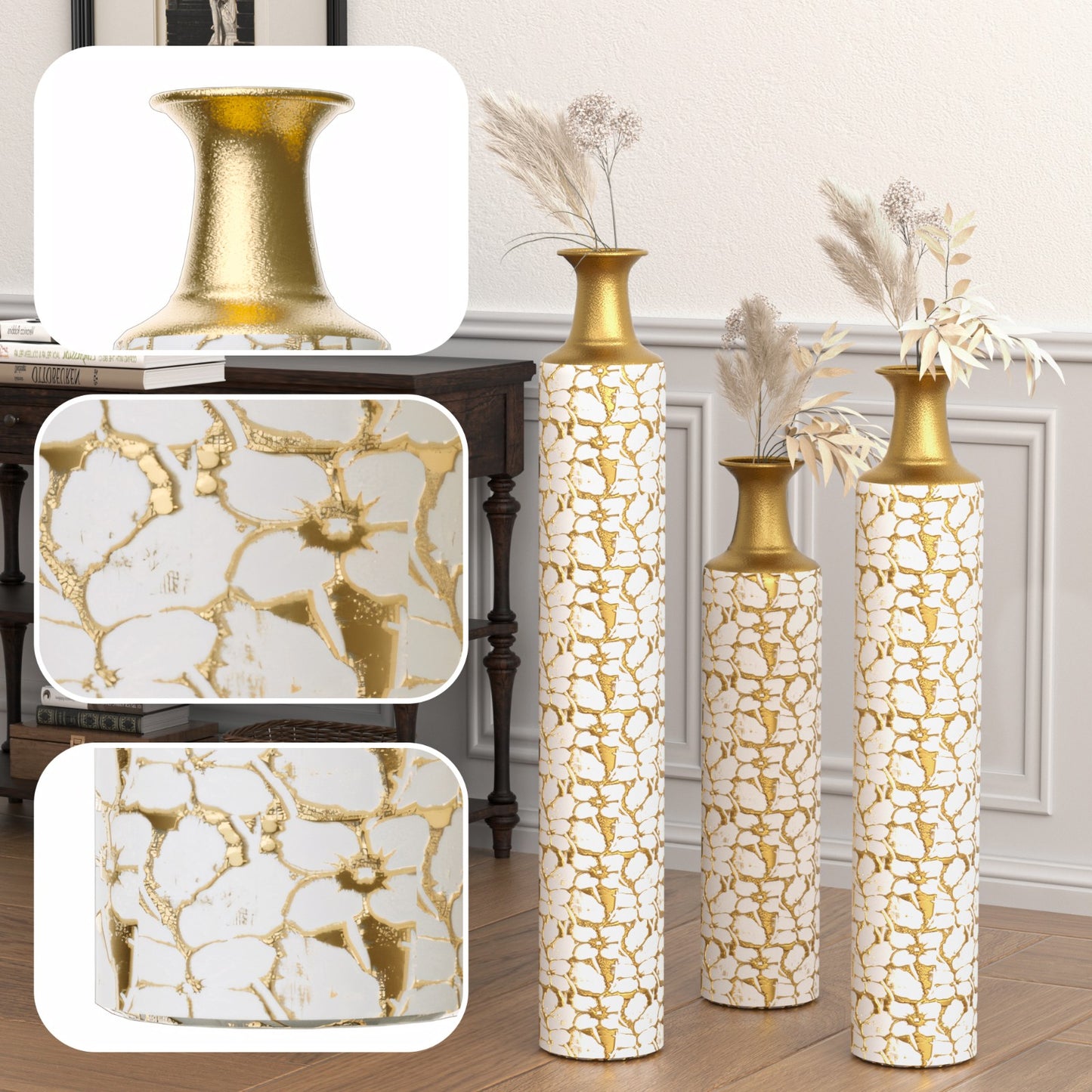 Floor standing golden large vase -32/28/24 inches decorative high vase set of 3 vintage antique worn-out vases - Ectron Online