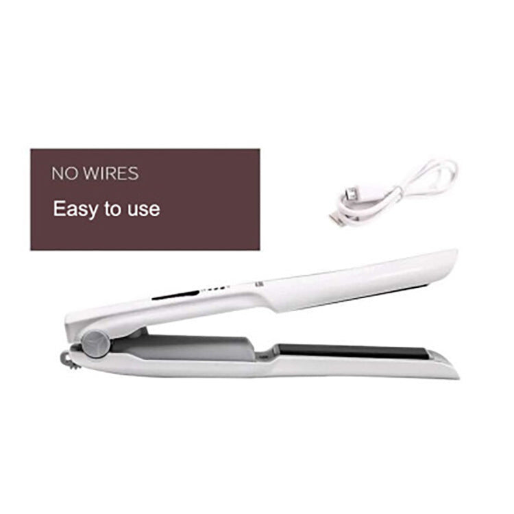 White hair straightener with a label indicating 'No wires' and 'Easy to use' on a white background.