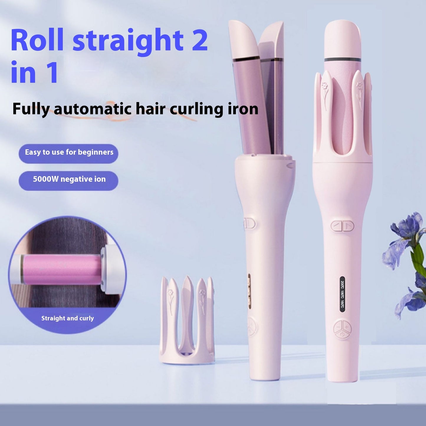 Fully automatic hair curling iron with interchangeable attachments on a light blue background