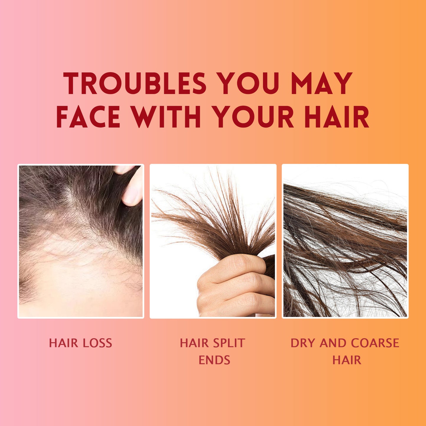 Hair care product advertisement with images of hair issues and solutions on a gradient background.