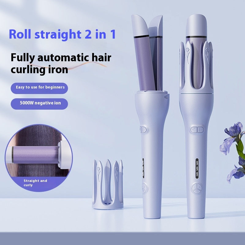 Fully automatic hair curling iron with accessories on a light blue background