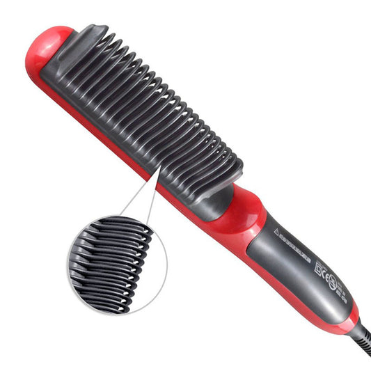 Red and gray hair straightening brush with close-up detail on a white background