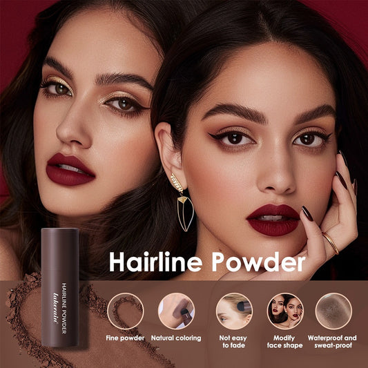 Advertisement for hairline powder with a woman applying the product, featuring the brand 'Lakme'.