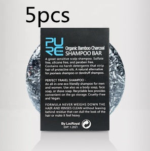 Packaging of PuR Organic Bamboo Charcoal Shampoo Bar with text on a white background
