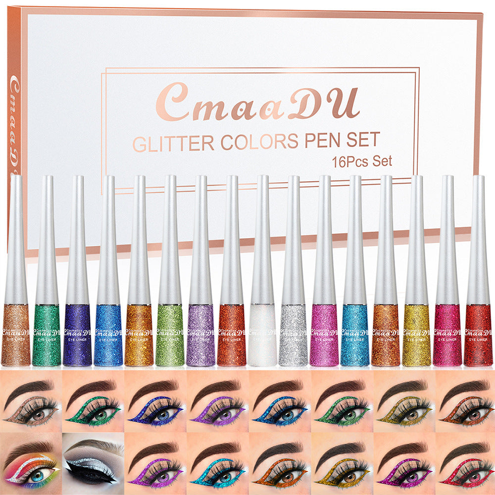 CmaaDU glitter colors pen set with applicators and color swatches on a white background