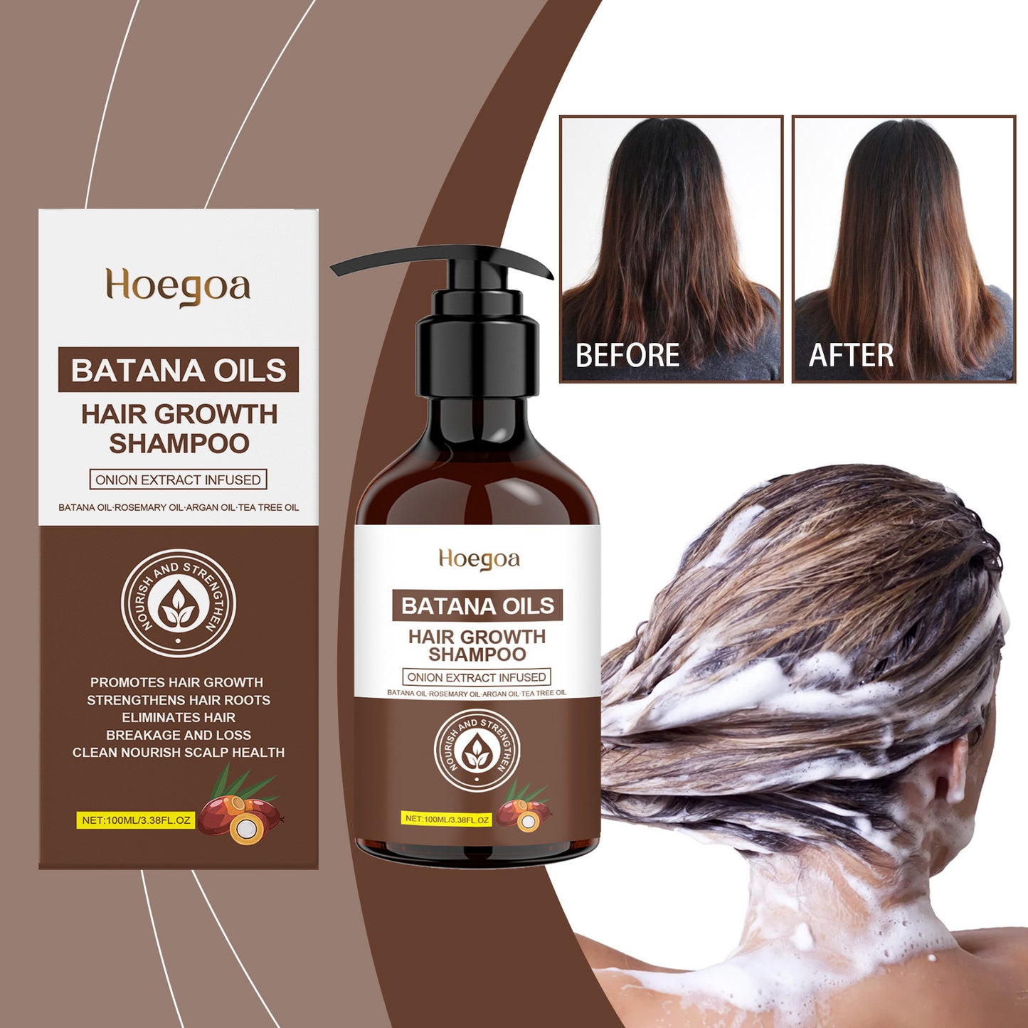 Hoegaoa Batana Oils Hair Growth Shampoo with packaging and before/after images on a brown background