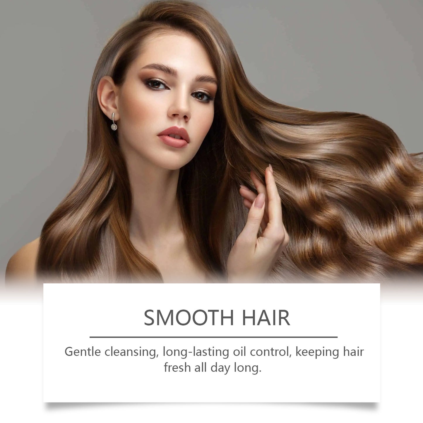 Woman with smooth, styled hair against a neutral background