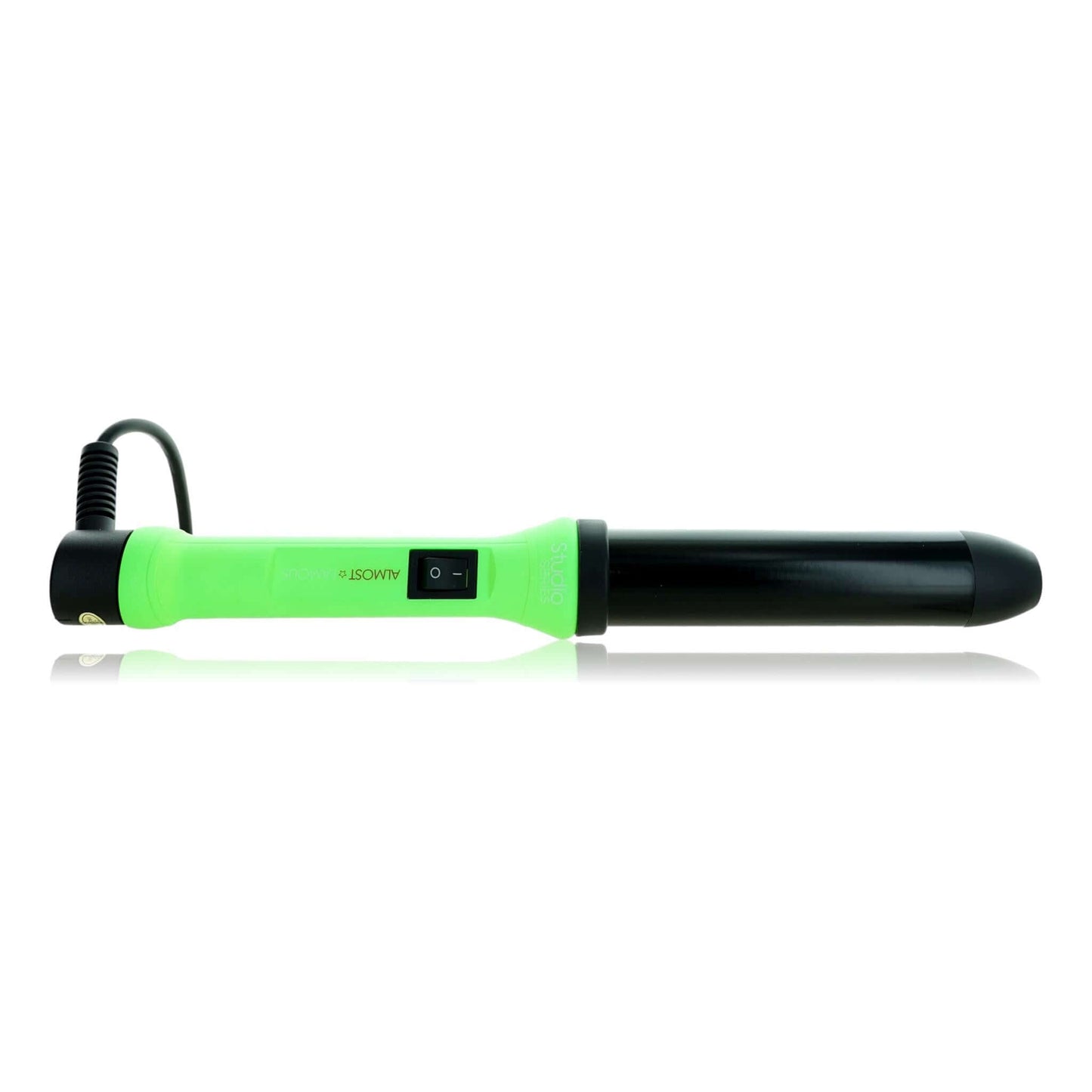 32 mm curling wand with black barrel and green handle, power switch on handle