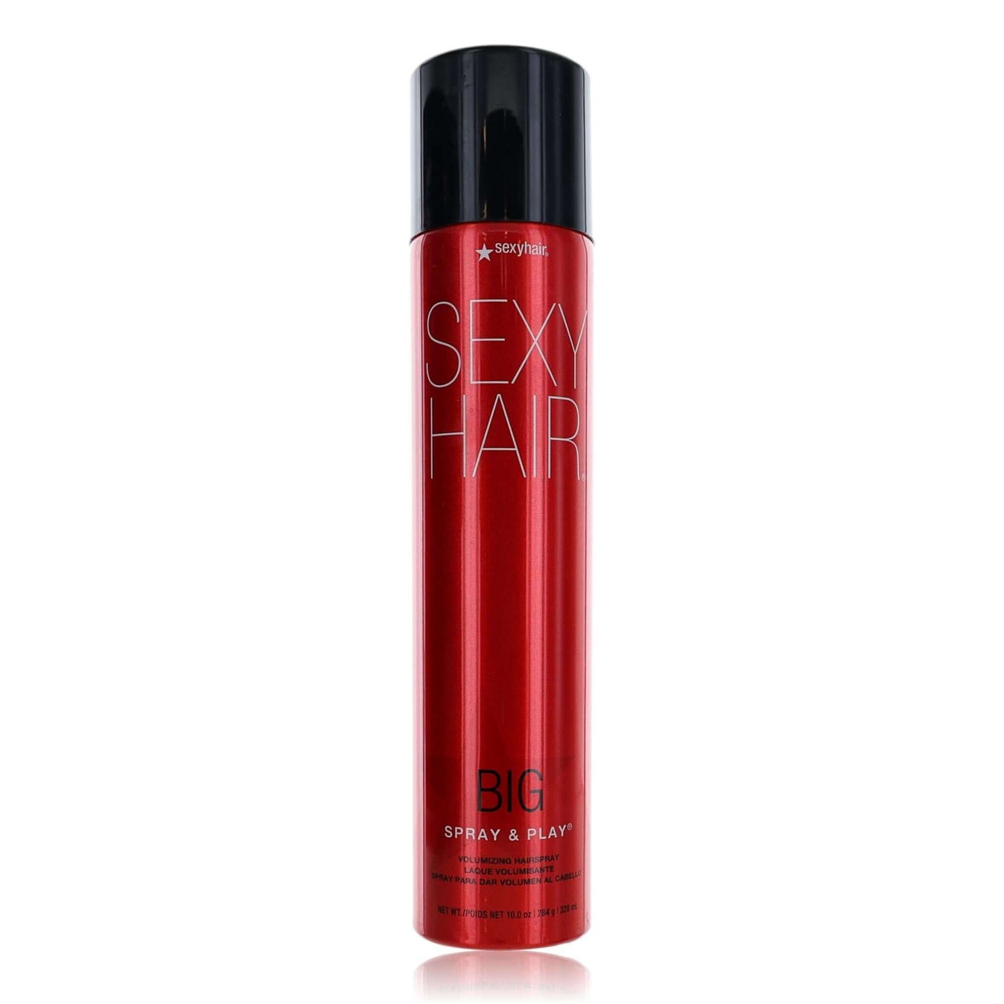 Red hairspray bottle with black cap, Sexy Hair Big Spray & Play label