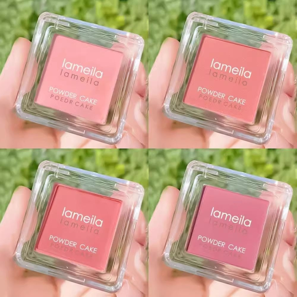 Collage of four images showing a pink powder cake in a clear container labeled 'lameila' held by a hand against a grassy background.