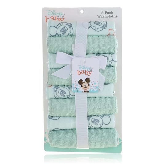 8-pack baby washcloth set in pastel aqua with Mickey Mouse prints, terry cloth