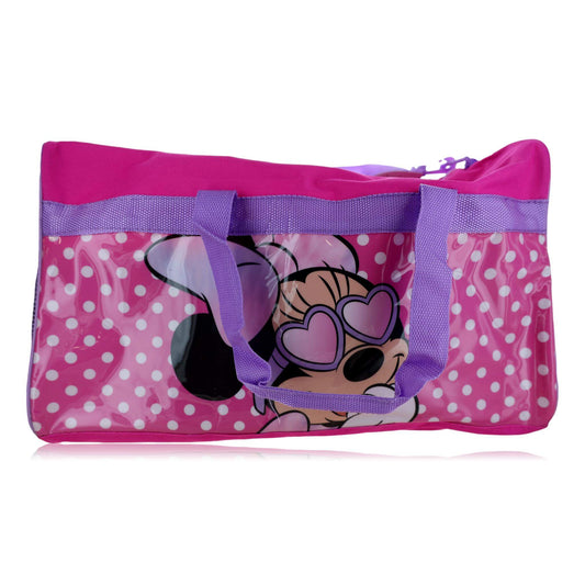 Kids Minnie Mouse duffle bag with pink polka-dot fabric and purple handles