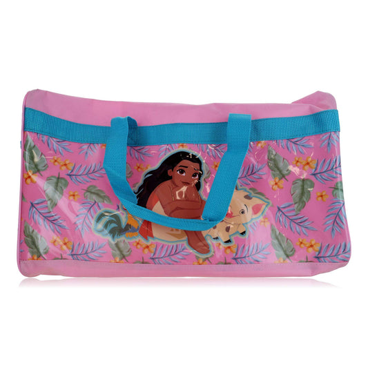 Kids duffle bag with pink fabric, blue straps, and front cartoon print.