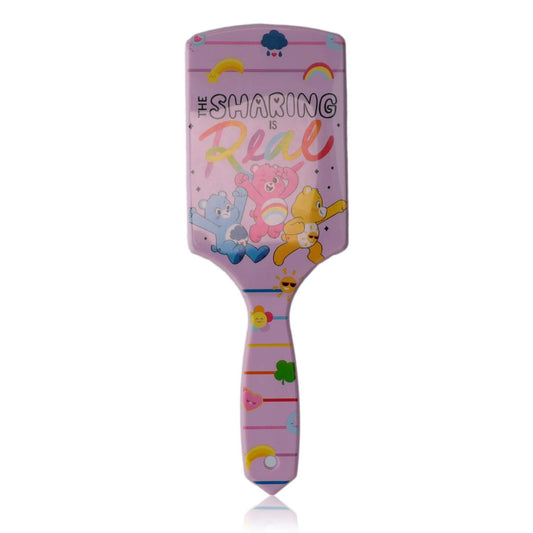 Kids purple hair brush with smiling Care Bears character print, paddle style