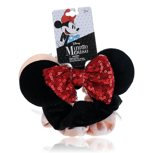 Kids' Minnie Mouse hair scrunchies, 2-pack: black plush with red sequin bow
