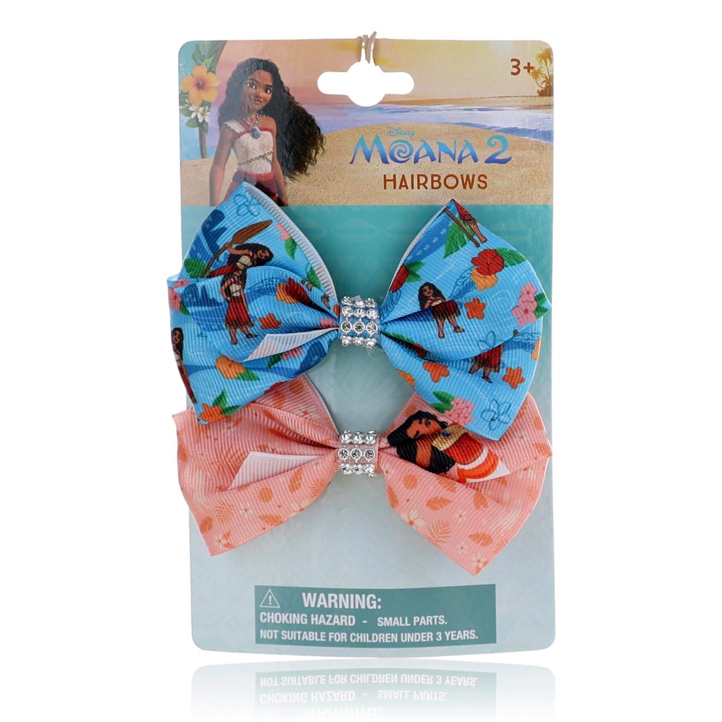 Kids character-themed hair bows, 2-pack; blue and pink bows with gem centers