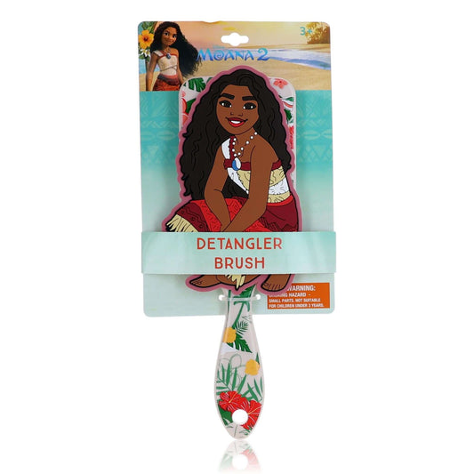 Kids detangler hair brush with illustrated Moana character and patterned handle