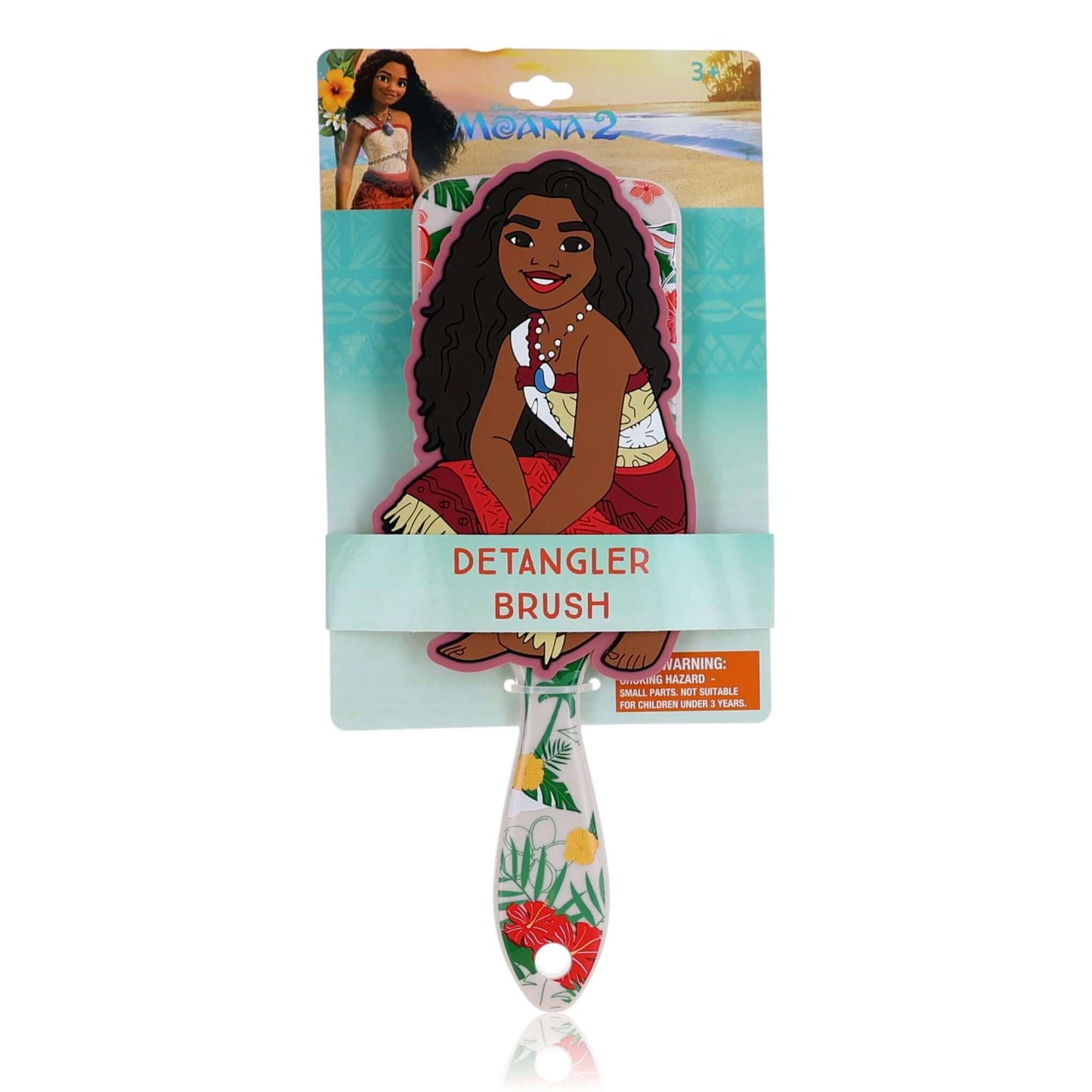 Kids detangler hair brush with illustrated Moana character and patterned handle