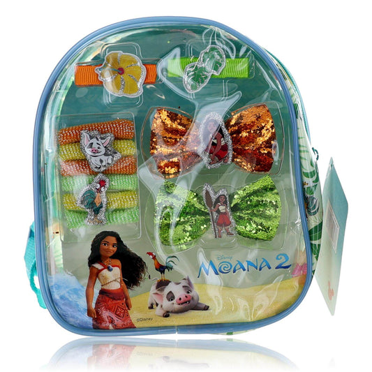 Kids hair accessory backpack with clear zip front, Moana 2 graphics and bow clips