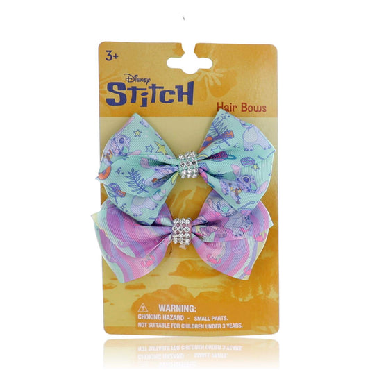 Kids Disney Stitch hair bows, 2-pack, purple and blue print with rhinestone centers