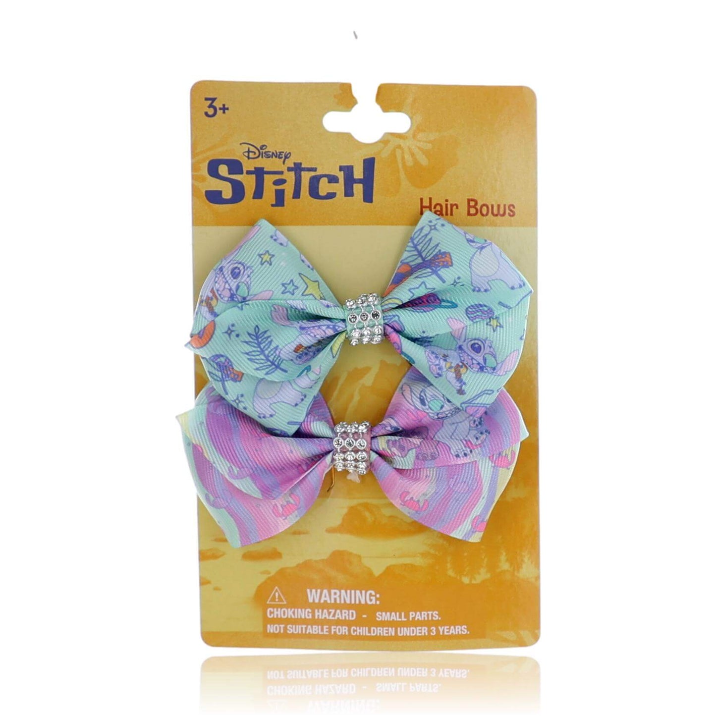 Kids Disney Stitch hair bows, 2-pack, purple and blue print with rhinestone centers