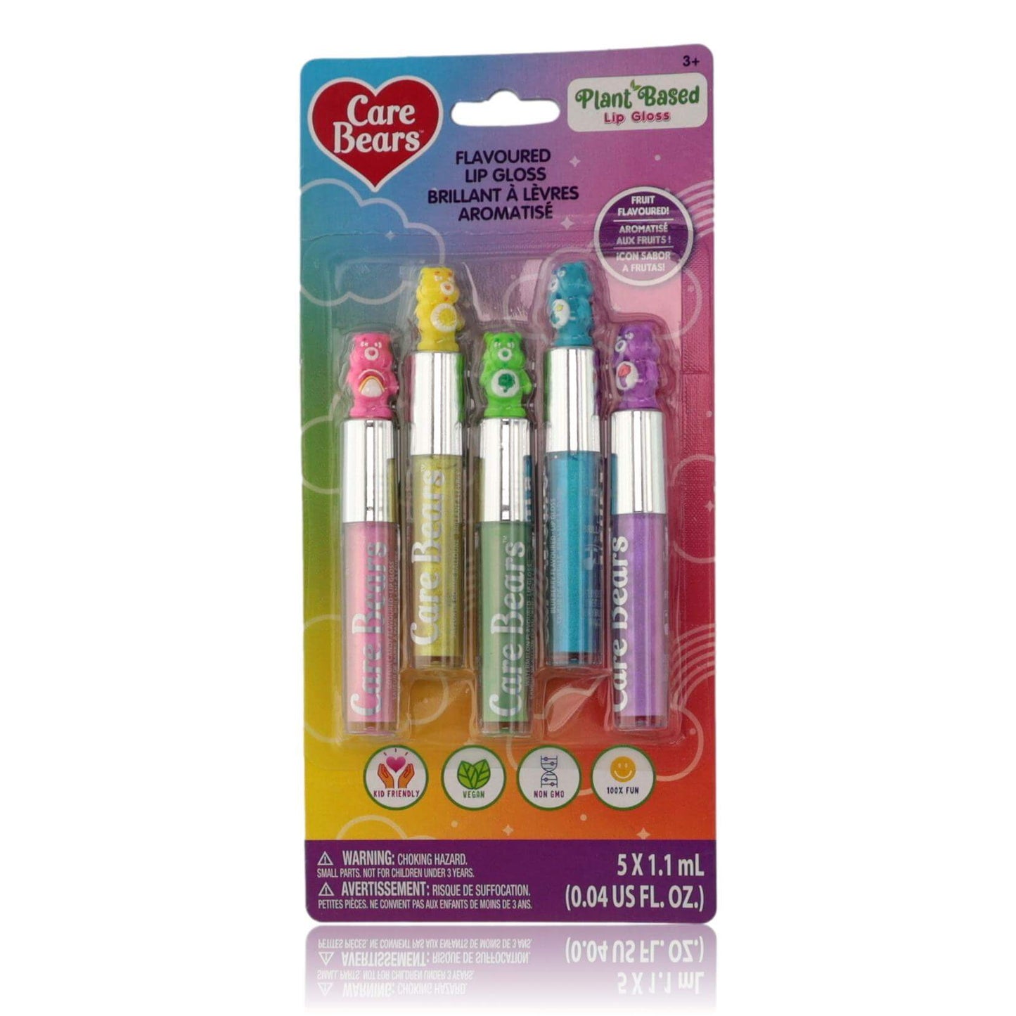 5-pack Care Bears flavored lip gloss tubes with character caps, 1.1 mL each