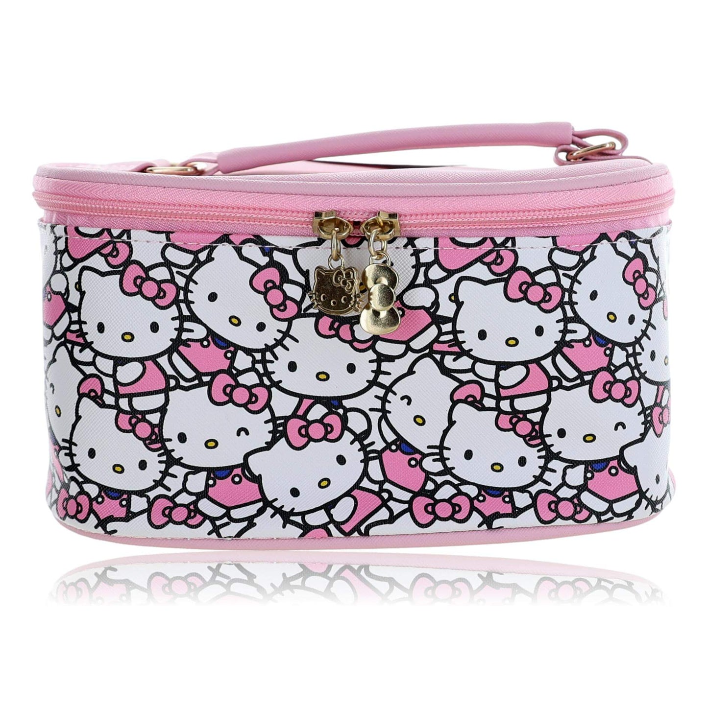 Hello Kitty cosmetics bag with allover cat faces print, pink trim, zip closure.