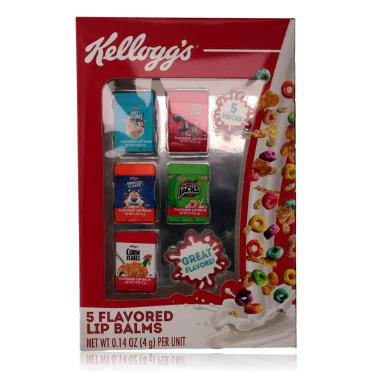 Kellogg's kids 5-piece flavored lip balm set in red display box with five balm tubes