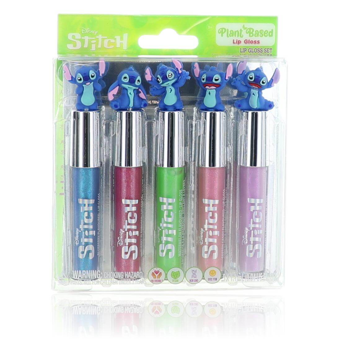 Kids Stitch lip gloss set with 5 colorful tubes, plant-based, shiny clear caps.