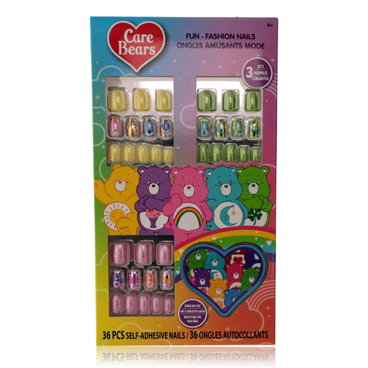 Kids fun press-on nails set with Care Bears characters, 36 self-adhesive pieces.