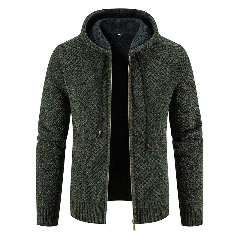 Dark gray knitted hoodie with a zipper on a white background