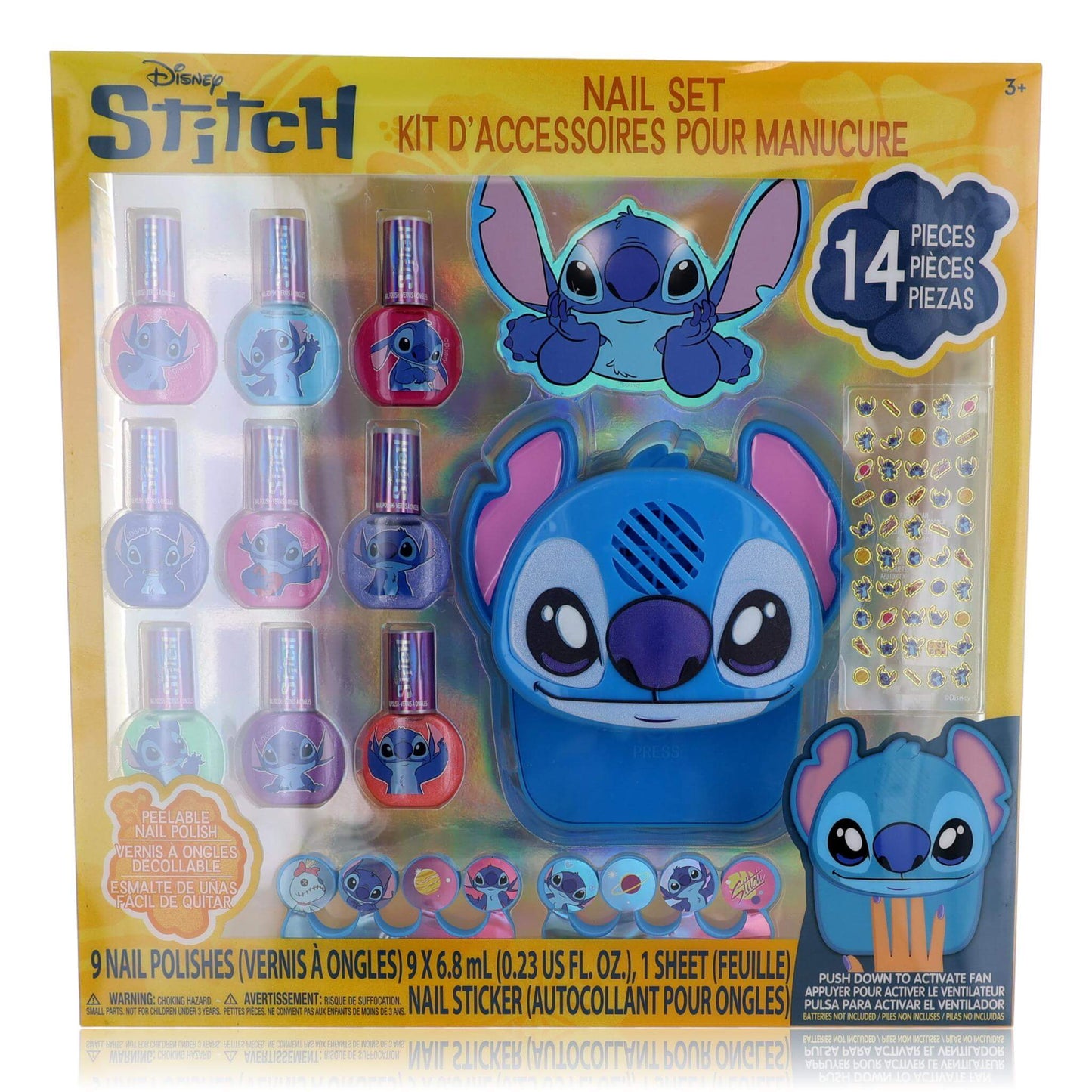 Kids' Stitch nail set kit with nail dryer, includes nail polish bottles and stickers (14 pc).