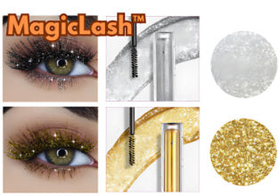 MagicLash product with close-ups of glittery effects on eyes and lashes.