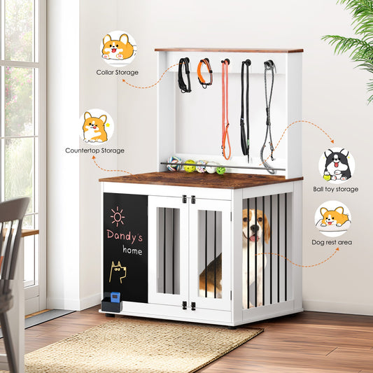 Dog crate,Graffiti dog cage, kennel with double doors, crate interior furniture, heavy wooden dog cage, large dog, white - Ectron Online