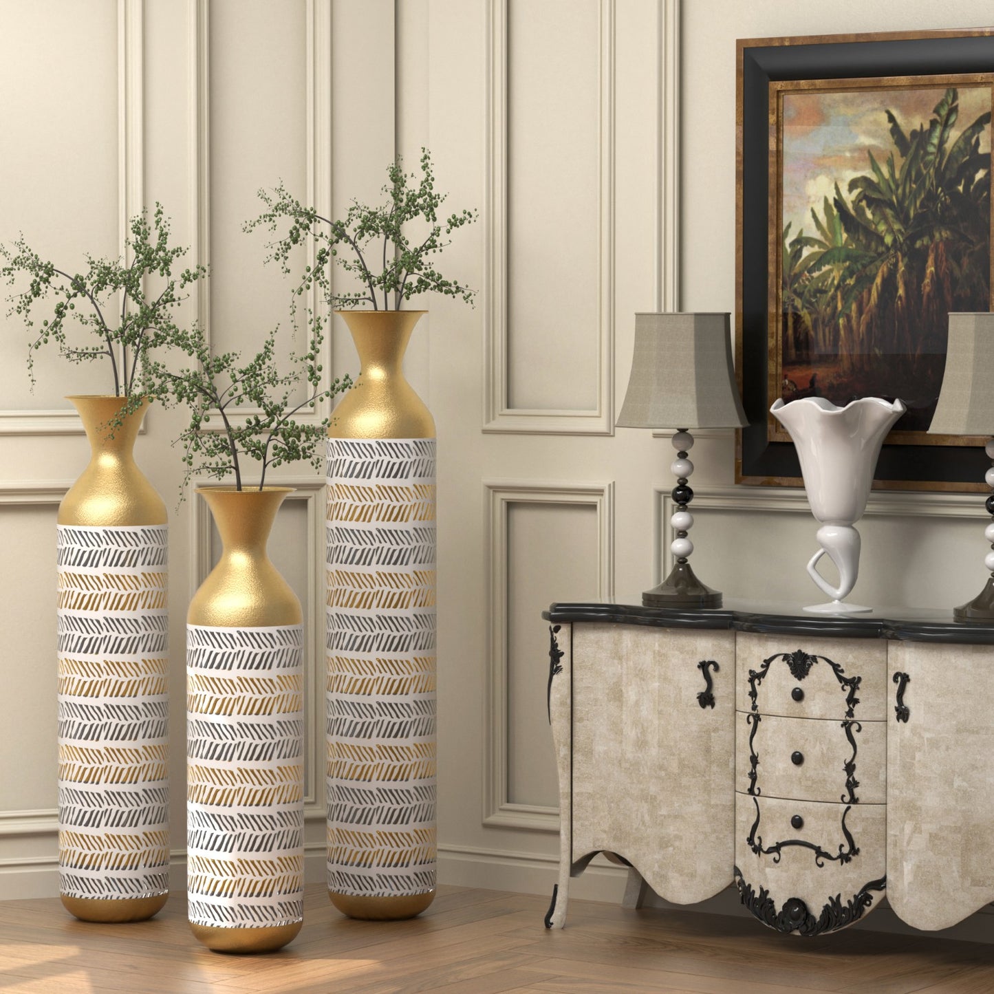 High floor vases -24/28.7/33.5-inch vases, 3 large metal glazed vases, Pampas Prairie Twigs vintage gray - Ectron Online