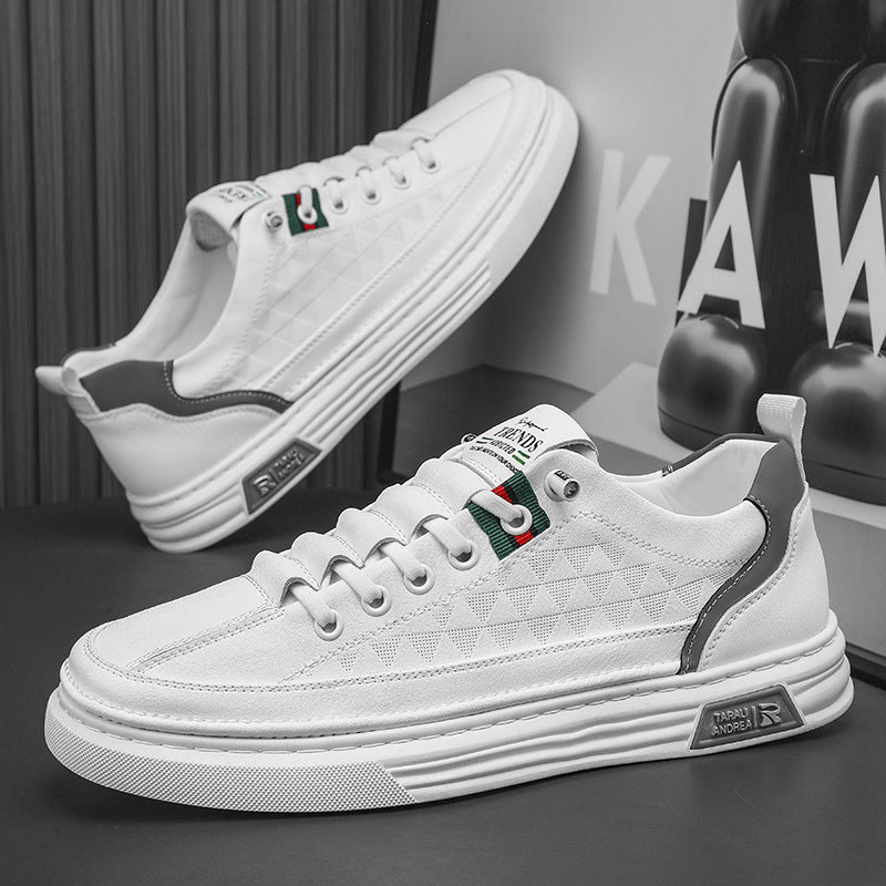 A pair of beige and white men's casual shoes with a low heel and low top design, featuring a round toe and an elastic band.