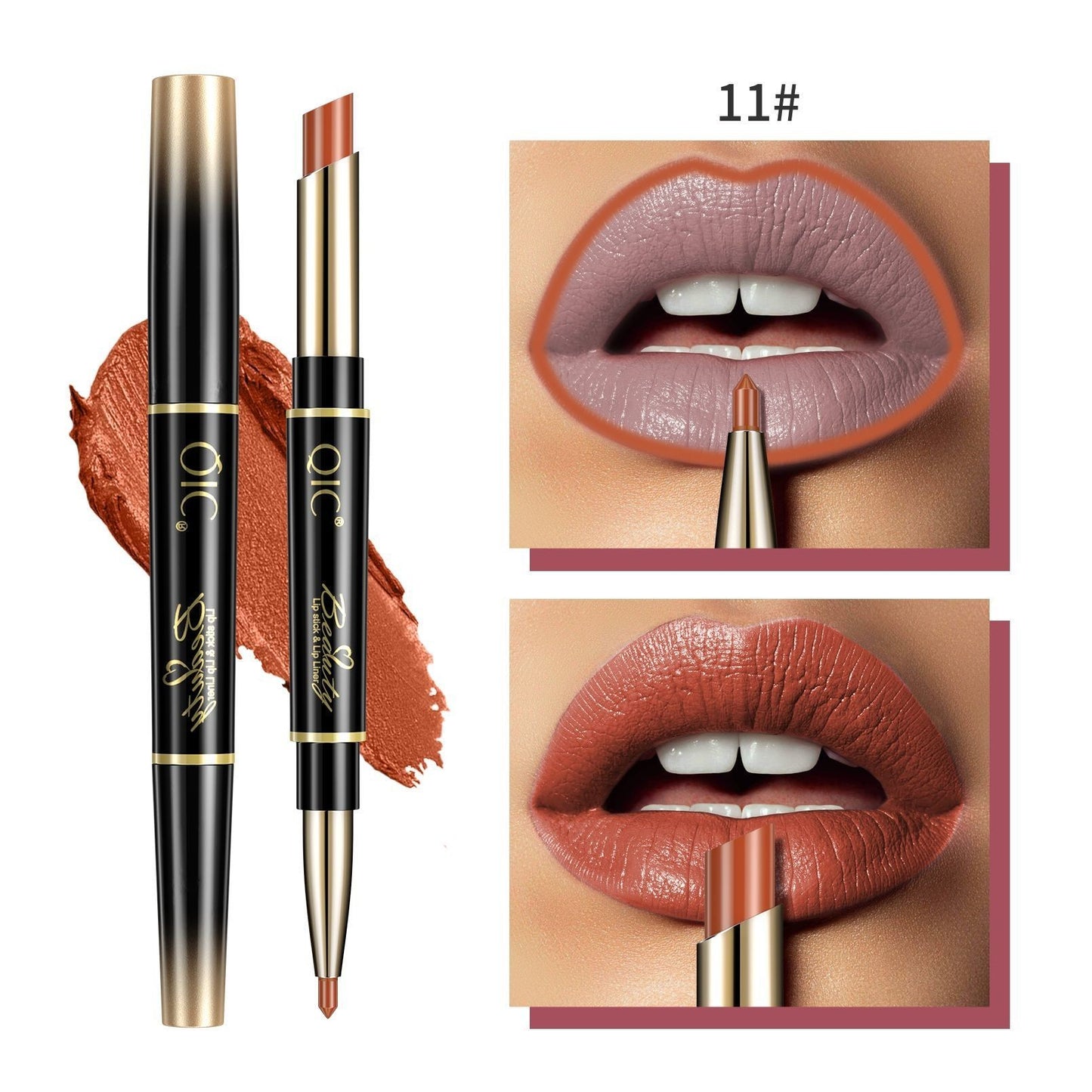 Lipstick with gold cap and black body, shown on a white background with close-up of lips wearing the shade.