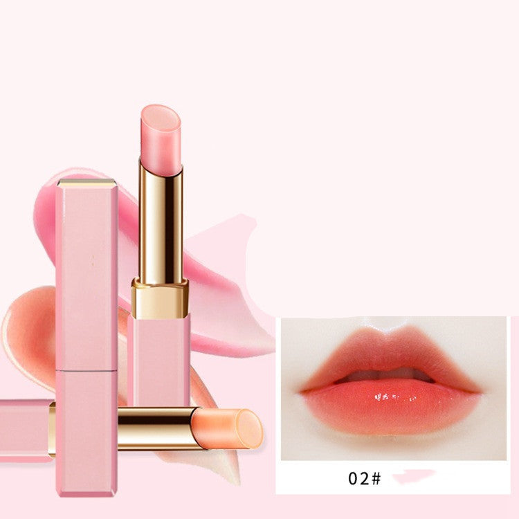 Pink lipstick with gold accents on a white background, showing a close-up of lips wearing the shade.