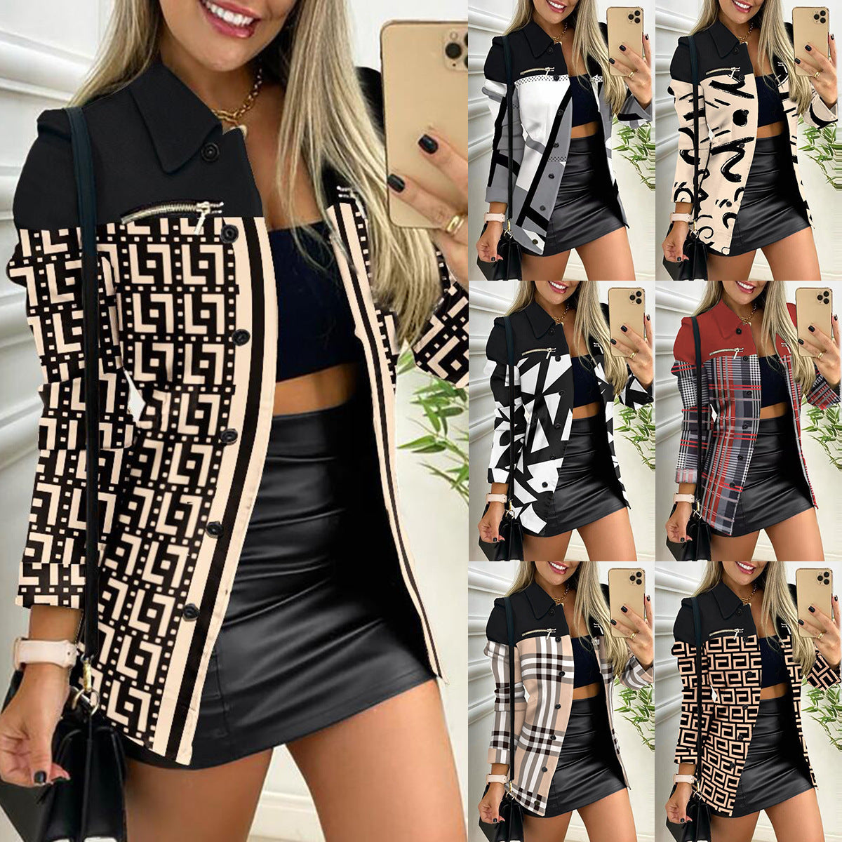 Woman wearing a patterned jacket and black skirt